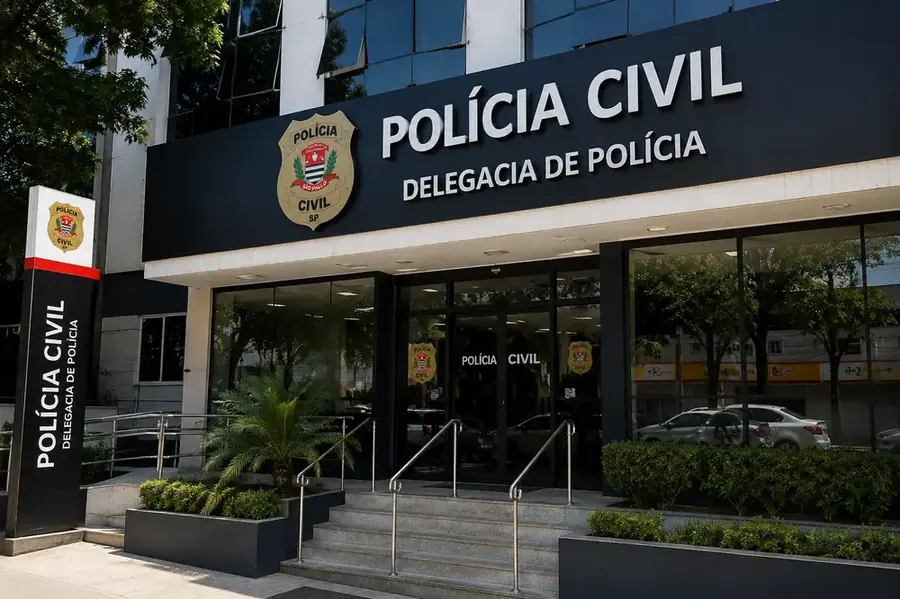Fachada de uma delegacia da Polícia Civil de São Paulo.