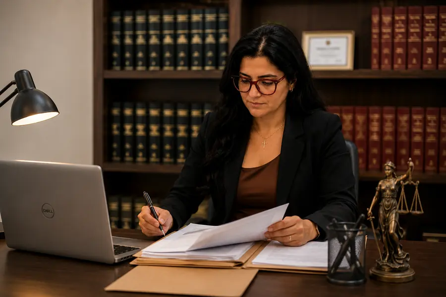 Dra. Alessandra Invencioni analisando os autos de um inquérito em seu escritório.