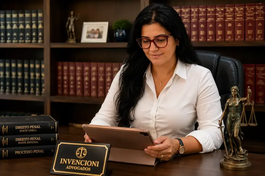 Dra. Alessandra Invencioni analisando documentos em seu escritório.